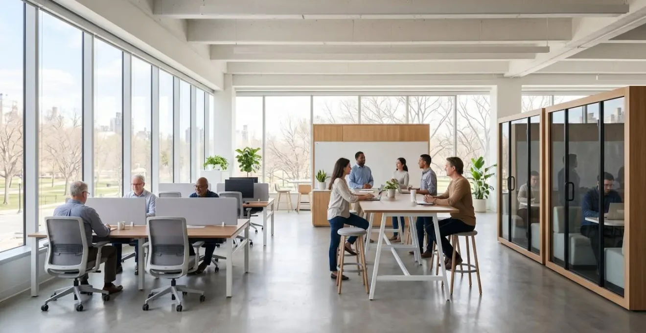 Wide angle view of a modern office with different work zones, illustrating structural flexibility for a multigenerational team.