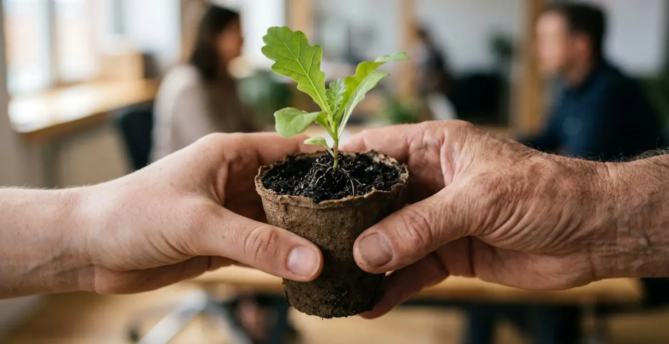 A close-up of hands passing a symbolic object, like a small plant, between two professionals, representing the transfer of talent and growth.