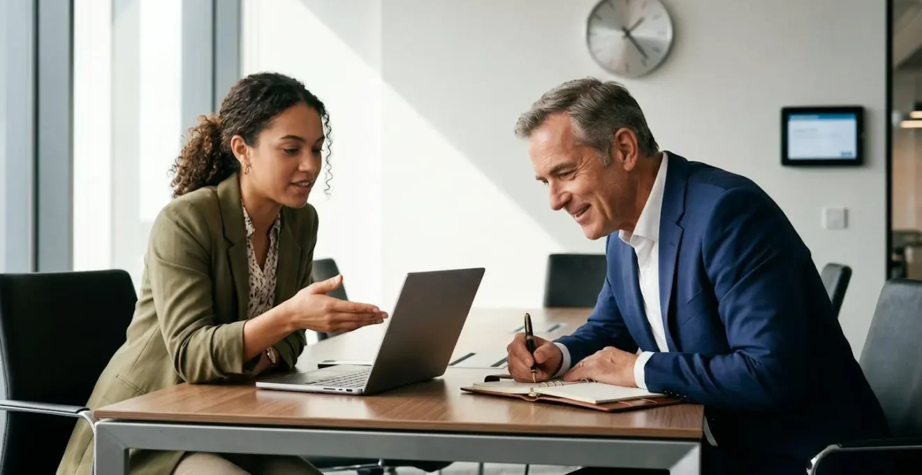 Young professional demonstrating technology to a senior executive in a modern office setting, symbolizing a collaborative reverse mentorship.
