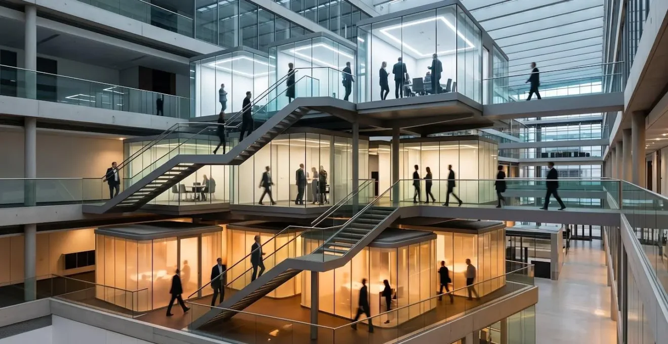 Abstract visualization of talent flow through modern collaborative workspace
