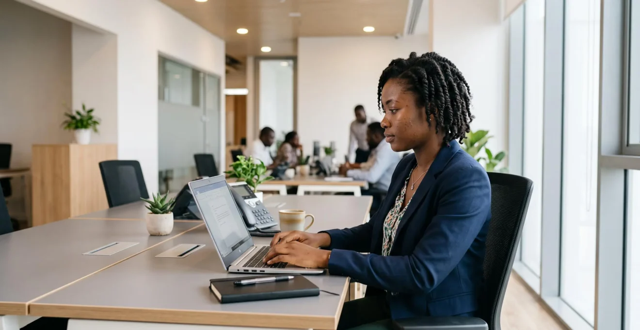 African professional working on company laptop at a modern corporate office desk