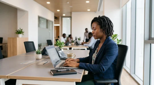 African professional working on company laptop at a modern corporate office desk