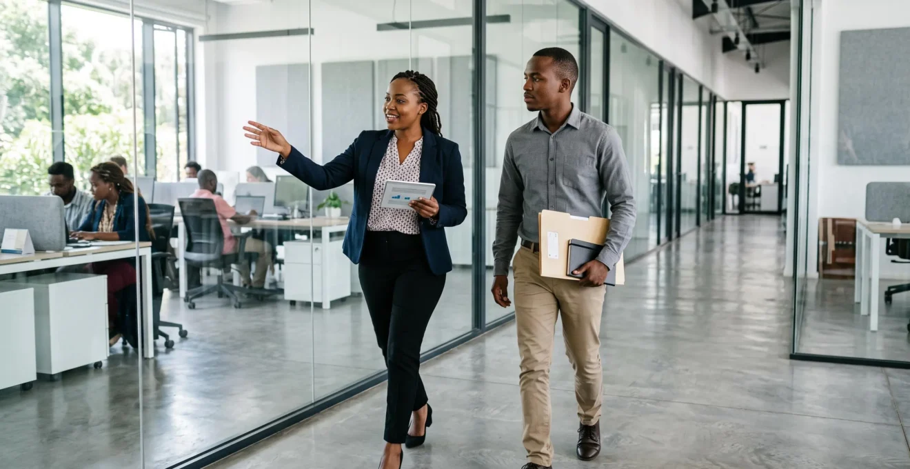 HR manager conducting structured onboarding orientation with new employee in corporate office