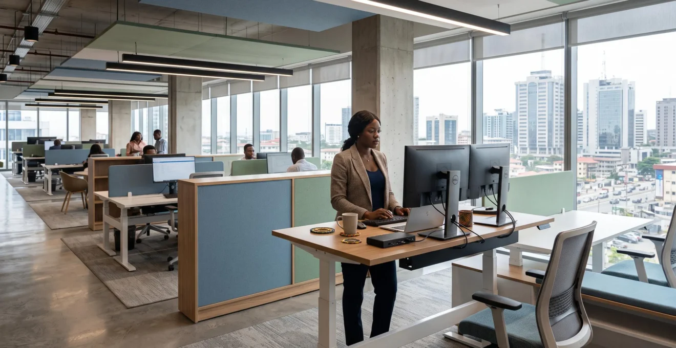 Professional at integrated workstation in modern African corporate office with city views