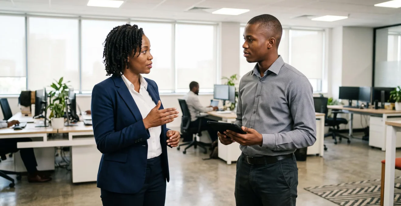 Manager providing work directives to team member in African office environment