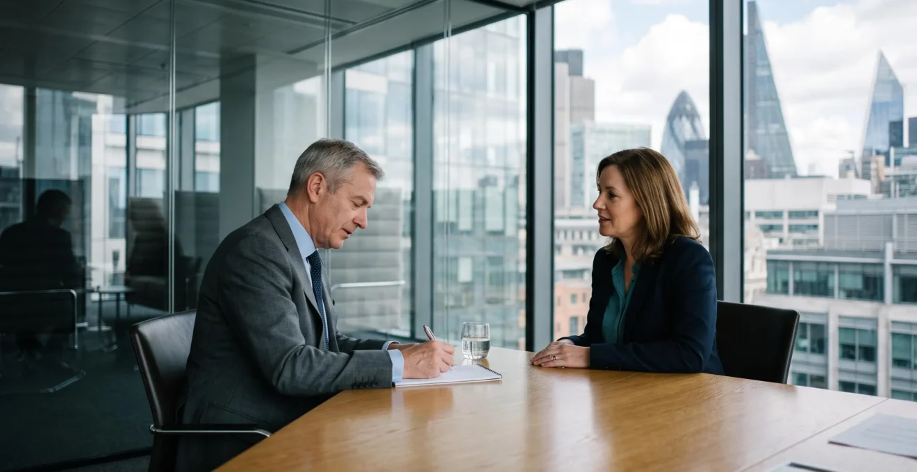 A consultant conducting an executive interview with a candidate in a glass-walled meeting room overlooking the City of London.