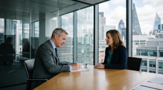 A consultant conducting an executive interview with a candidate in a glass-walled meeting room overlooking the City of London.
