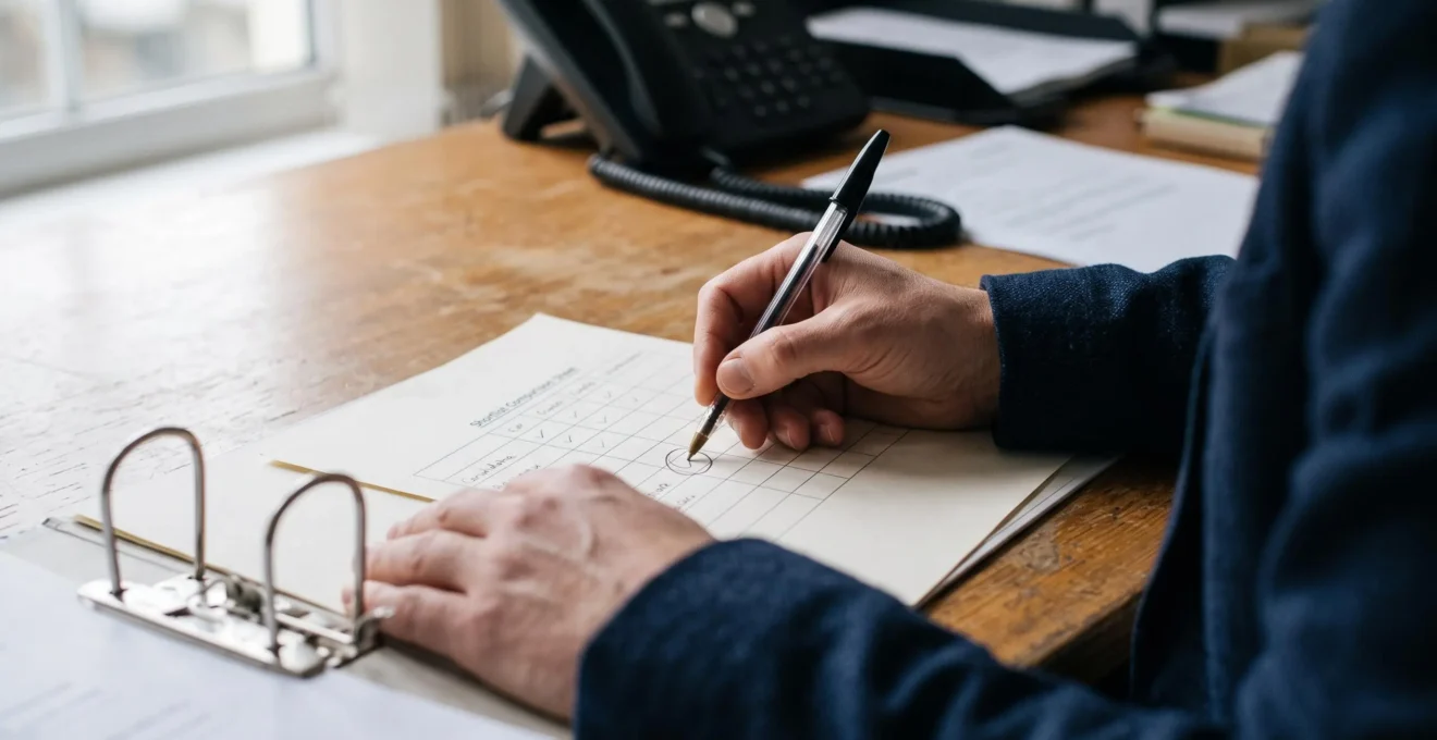 A hiring manager annotating a printed comparison grid with a pen on an office desk.