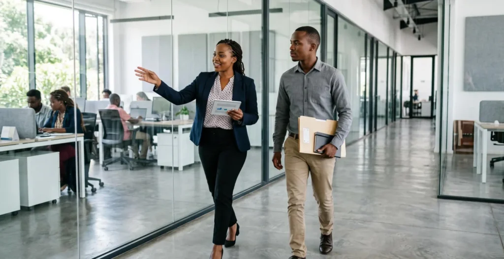 HR manager conducting structured onboarding orientation with new employee in corporate office