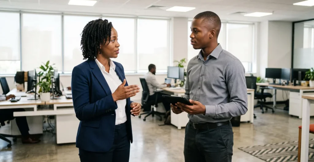 Manager providing work directives to team member in African office environment