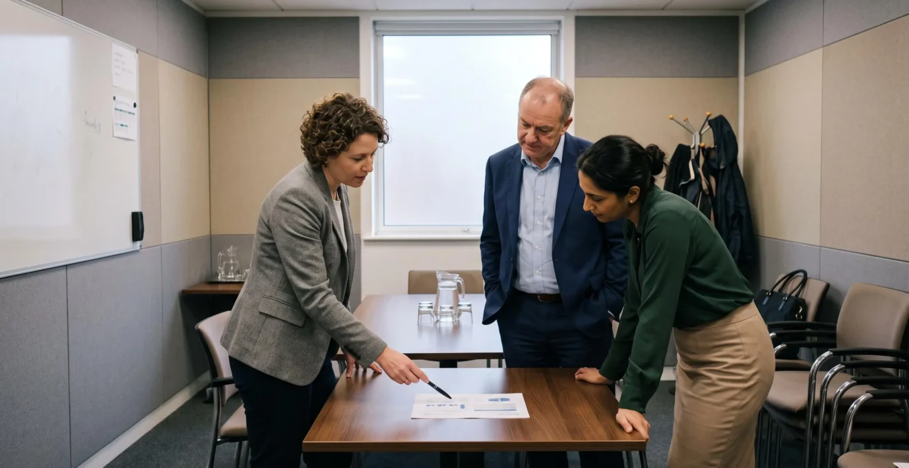 A talent lead presenting a one-page recommendation to two directors around a conference table.
